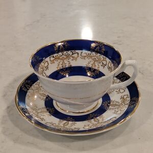 Vintage Royal Grafton Blue and Gold Patterned Teacup and Saucer Set 1940s.